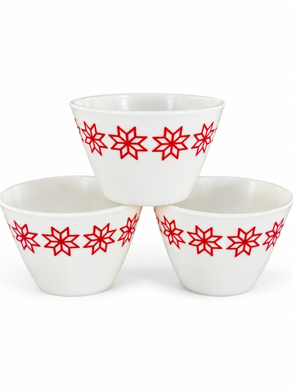 Set of 3 IKEA 2017 Milk Glass Red Snowflake Ice Cream Dessert Bowls 4”